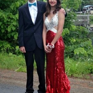 Red and Silver Sequin Cut Out Prom Dress
